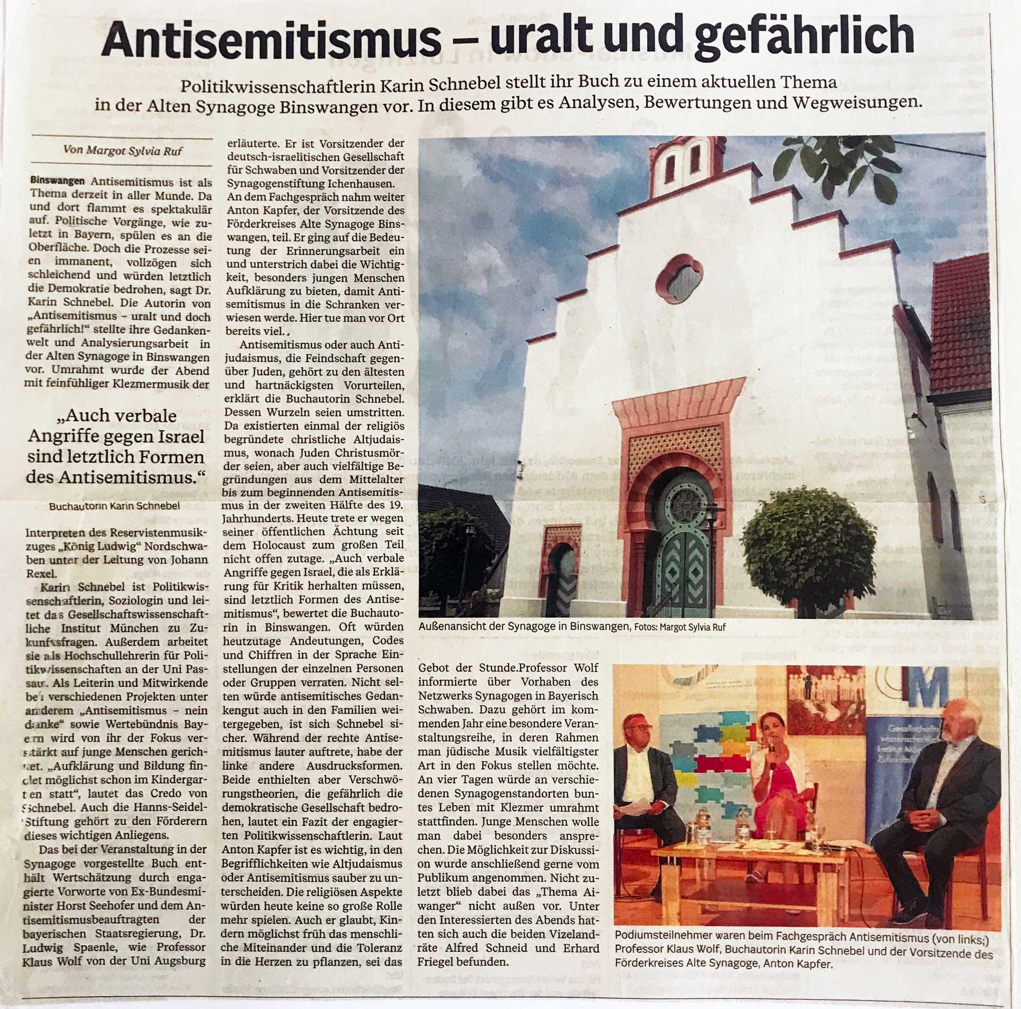 Zeitungsartikel Antisemitismus Veranstaltung in der Synagoge Binswangen