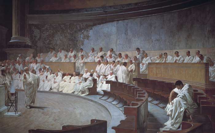 Cicero klagt Catilina im römischen Senat an.